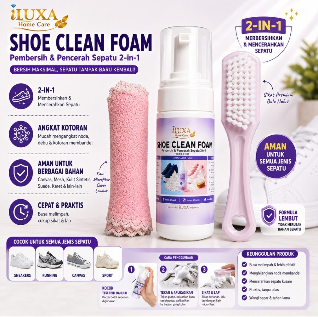 iLUXA Shoe Clean Foam 100 ml – Foam Cuci Sepatu + Sikat + Kain Microfiber | 1 PCS | 6 PCS | 12 PCS